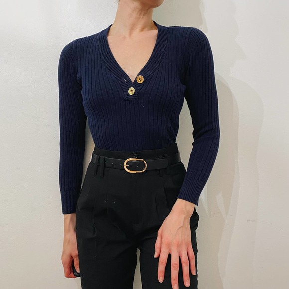Navy Lauren Jeans Company Fitted Ribbed V Neck Sweater - Picture 1 of 10